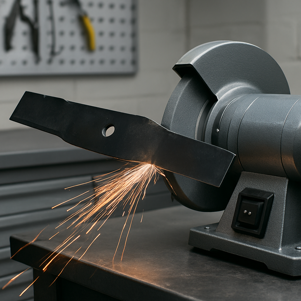 Lawn mower blade mounted on a sharpening grinder at a professional workshop station