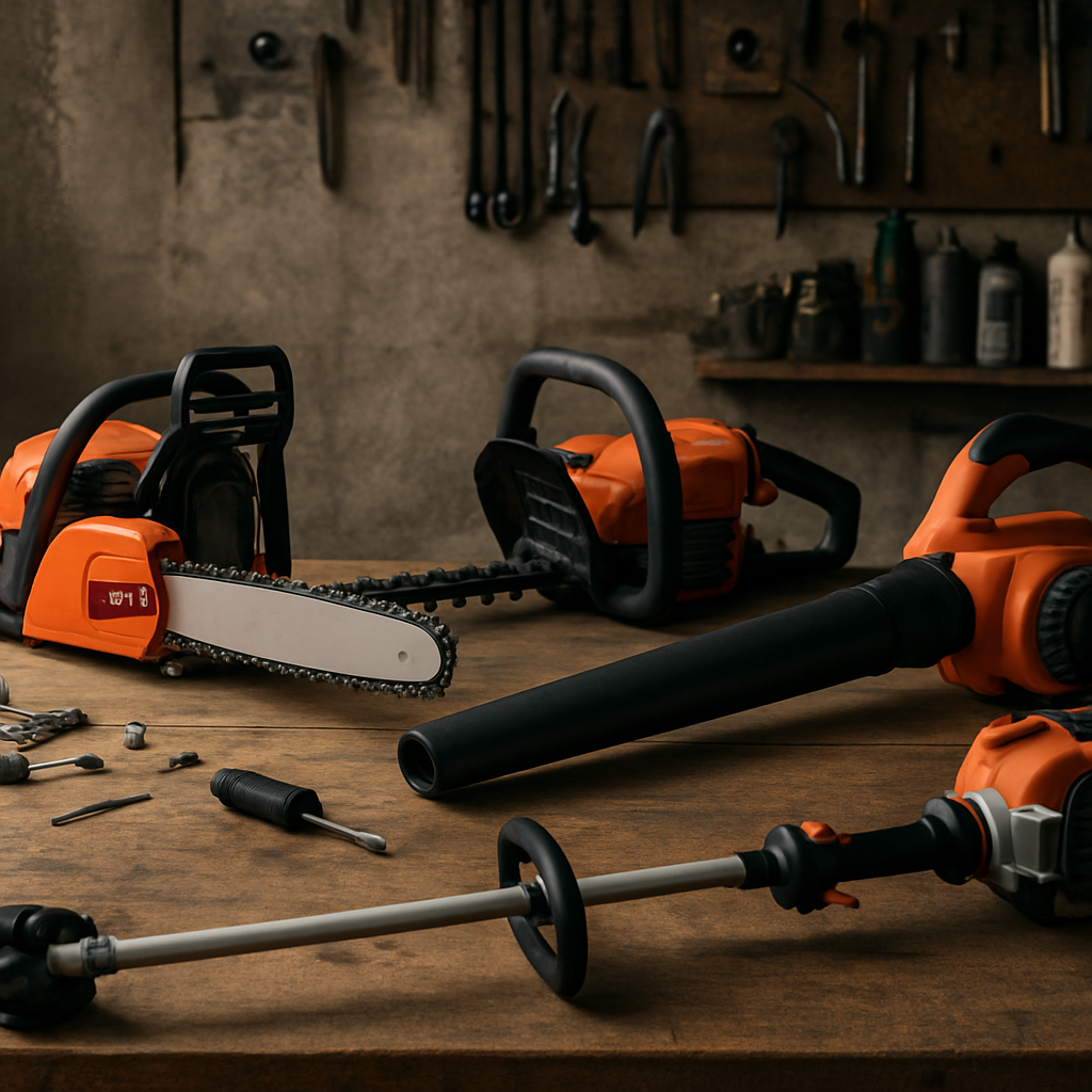 Outdoor power equipment including chainsaw, hedge trimmer and leaf blower arranged on a workshop bench