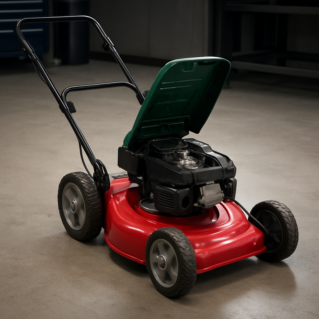 A lawn mower on a workshop bench with its engine cover open for inspection and repair